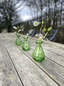 Three Apple Green Bud Vases with white flowers